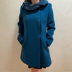 Small Elie Tahari Wool Teal Ruffled Collar Coat